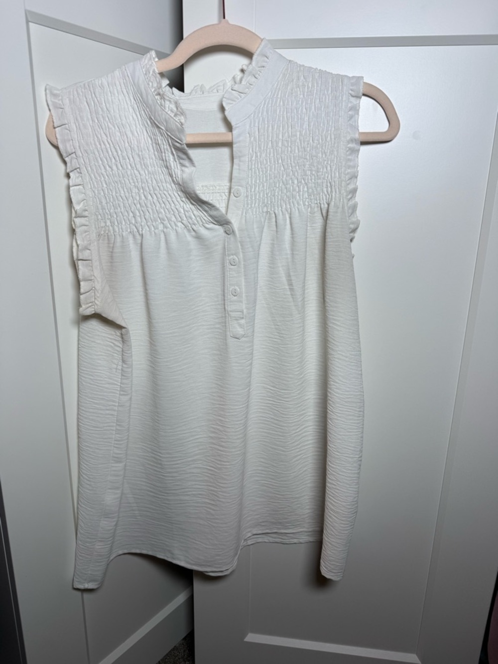 Women's Cream Smocked Sleeveless Blouse with Ruffle Detail